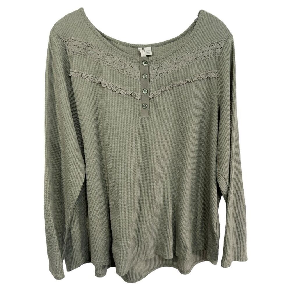 Cato Plus Size 18 20 Top Sage Green Long Sleeve Waffle Knit‎ Thermal Lace 771